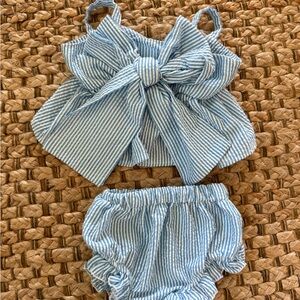 Blue Striped Kids Bow Top and Bloomers Set